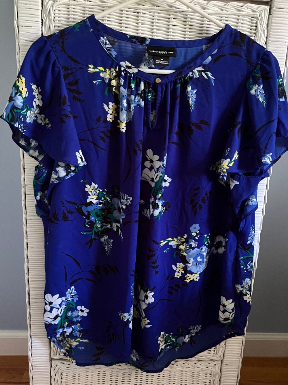 Liz Claiborne Career Blouse, Royal blue with floral pattern, size Medium